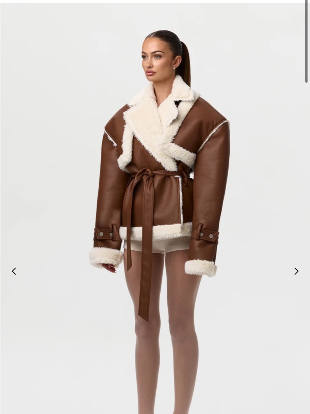 naked wardrobe Brown Faux-Shearling Tie-Waist Bomber Jacket